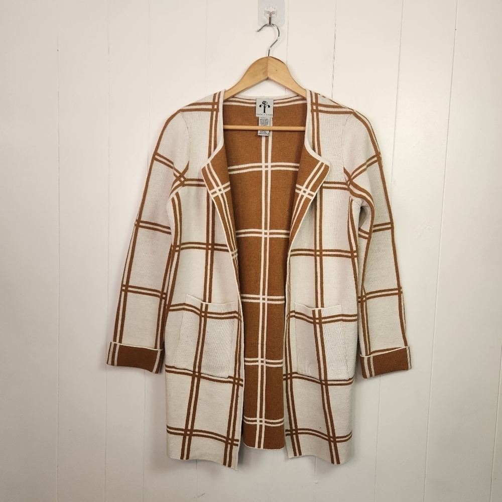 Rain & Rose Open Front Soft Cardigan Off White Tan Plaid Size Medium Office Fall - Picture 2 of 7